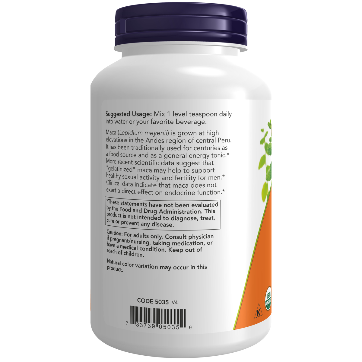 NOW Foods Maca Pure Powder, Organic - 7 oz. – Label details / Etykieta producenta