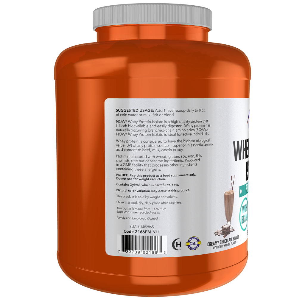 NOW Foods Whey Protein Isolate, Creamy Chocolate Powder - 5 lbs. – Left label / Etykieta producenta