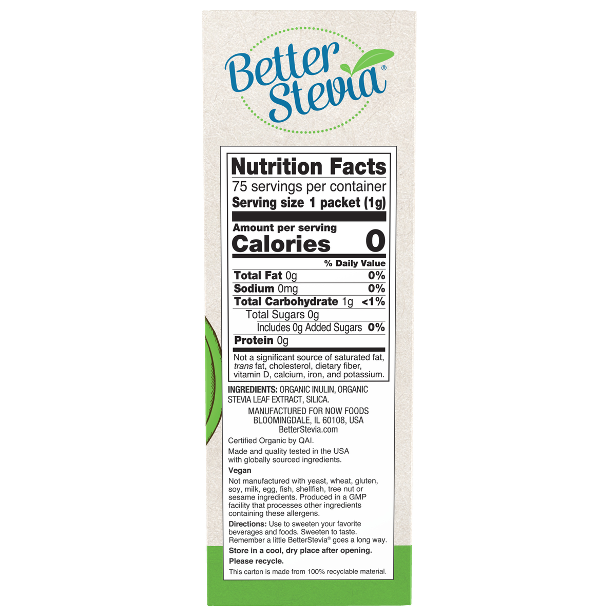 NOW Foods BetterStevia® Organic - 75 Packets/Box – Label details / Etykieta producenta