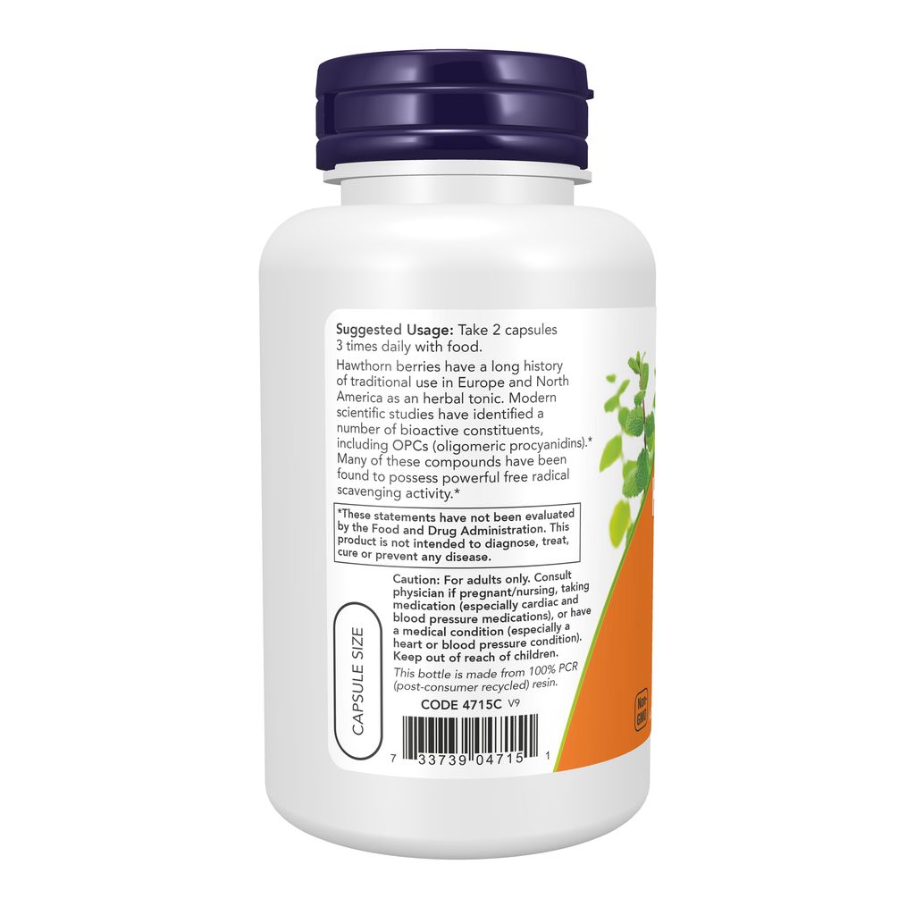 NOW Foods Hawthorn Berry 540 mg - 100 Veg Capsules – Left label / Etykieta producenta