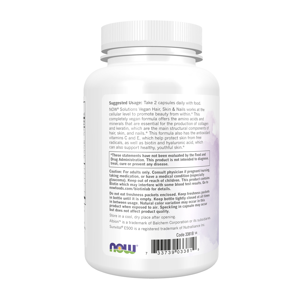 NOW Foods Hair, Skin & Nails, Vegan - 90 Veg Capsules – Left label / Etykieta producenta