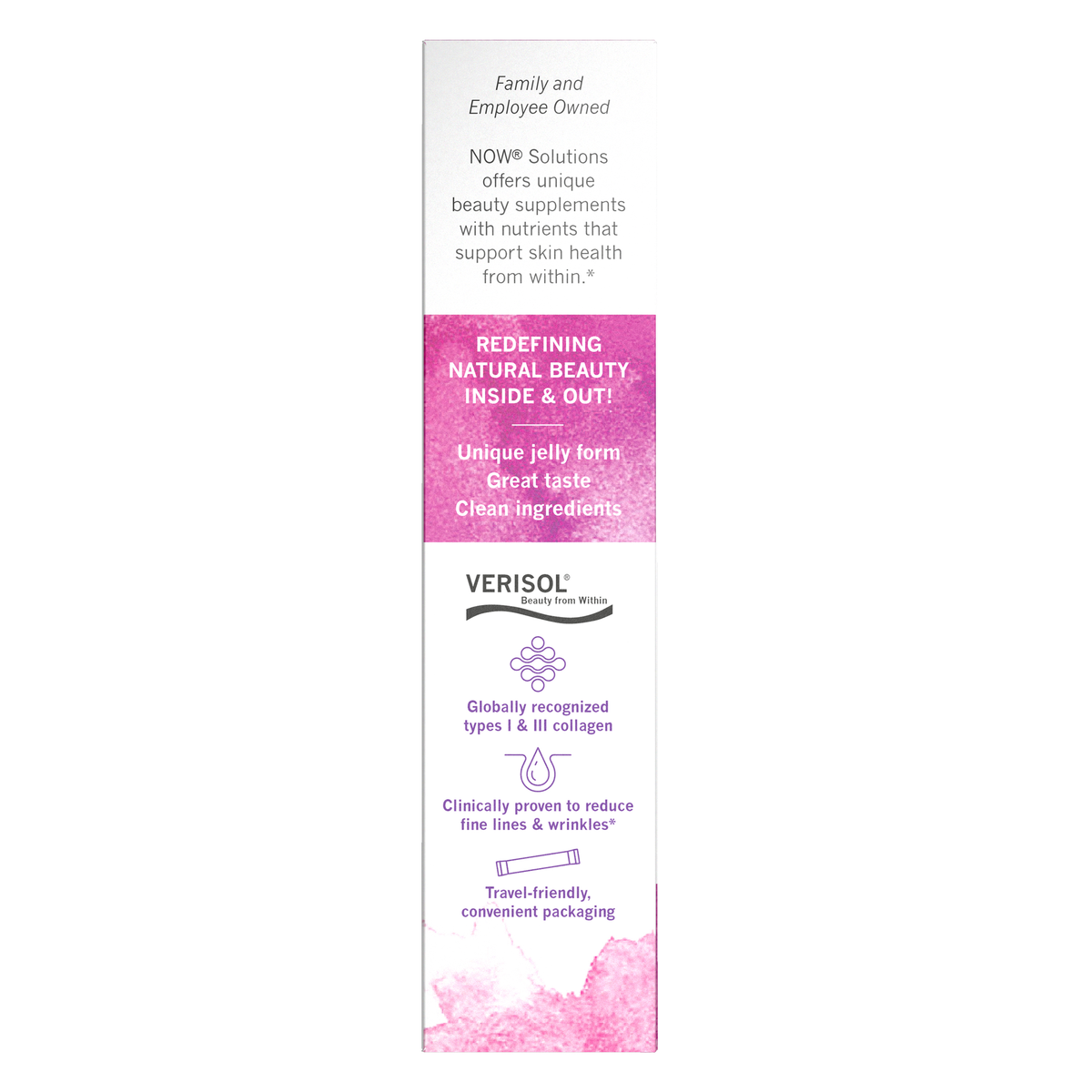 NOW Foods Collagen Jelly Beauty Complex, Sweet Plum - 10 Jelly Sticks – Left label / Etykieta producenta