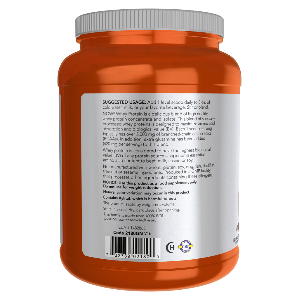 NOW Foods Whey Protein, Creamy Chocolate Powder - 2 lbs. – Left label / Etykieta producenta