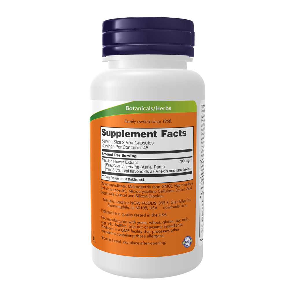 NOW Foods Passion Flower 350 mg - 90 Veg Capsules – Right label / Etykieta producenta