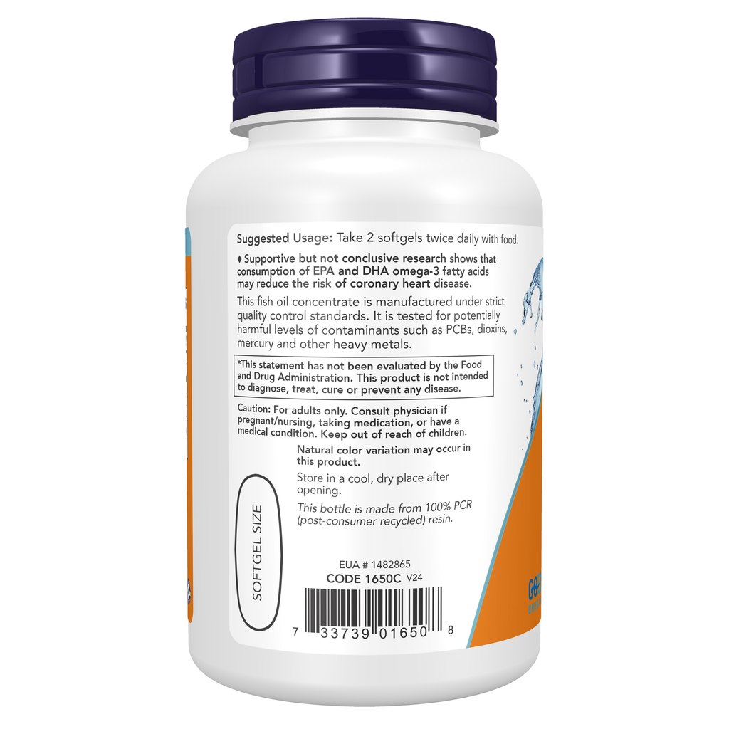 NOW Foods Omega-3 Fish Oil, Molecularly Distilled - 100 Softgels – Left label / Etykieta producenta