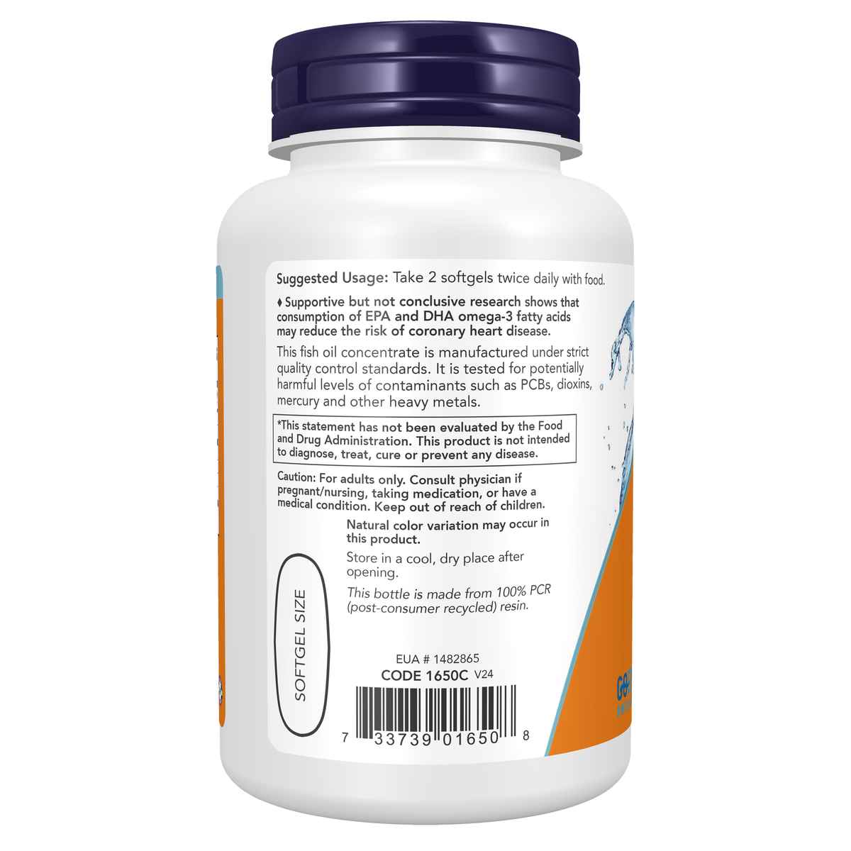 NOW Foods Omega-3 Fish Oil, Molecularly Distilled - 100 Softgels – Left label / Etykieta producenta