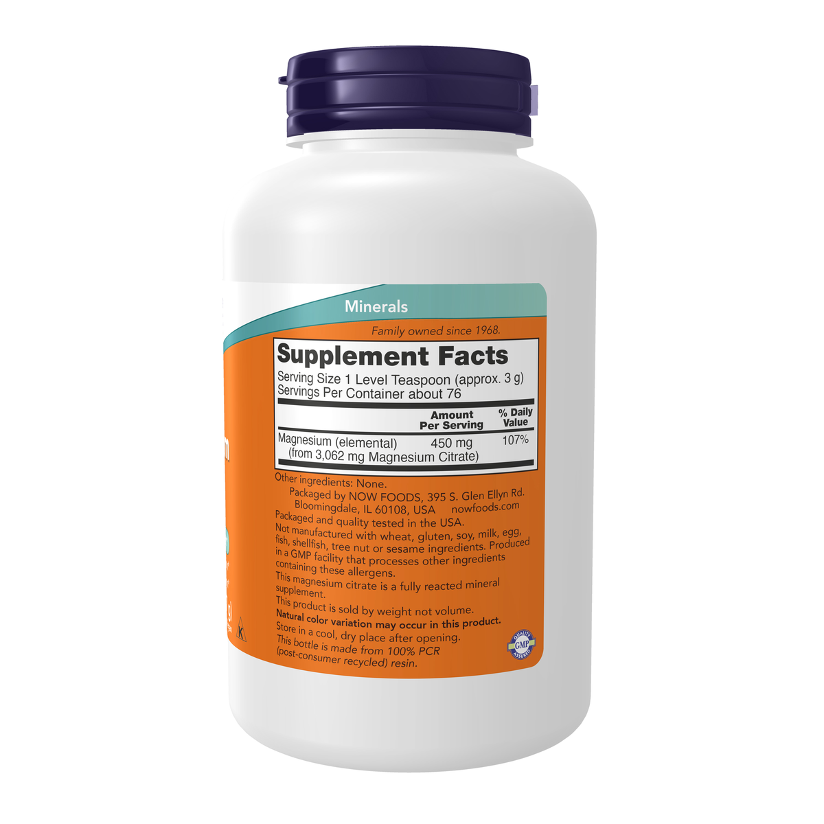 NOW Foods Magnesium Citrate Pure Powder - 8 oz – Right label / Etykieta producenta