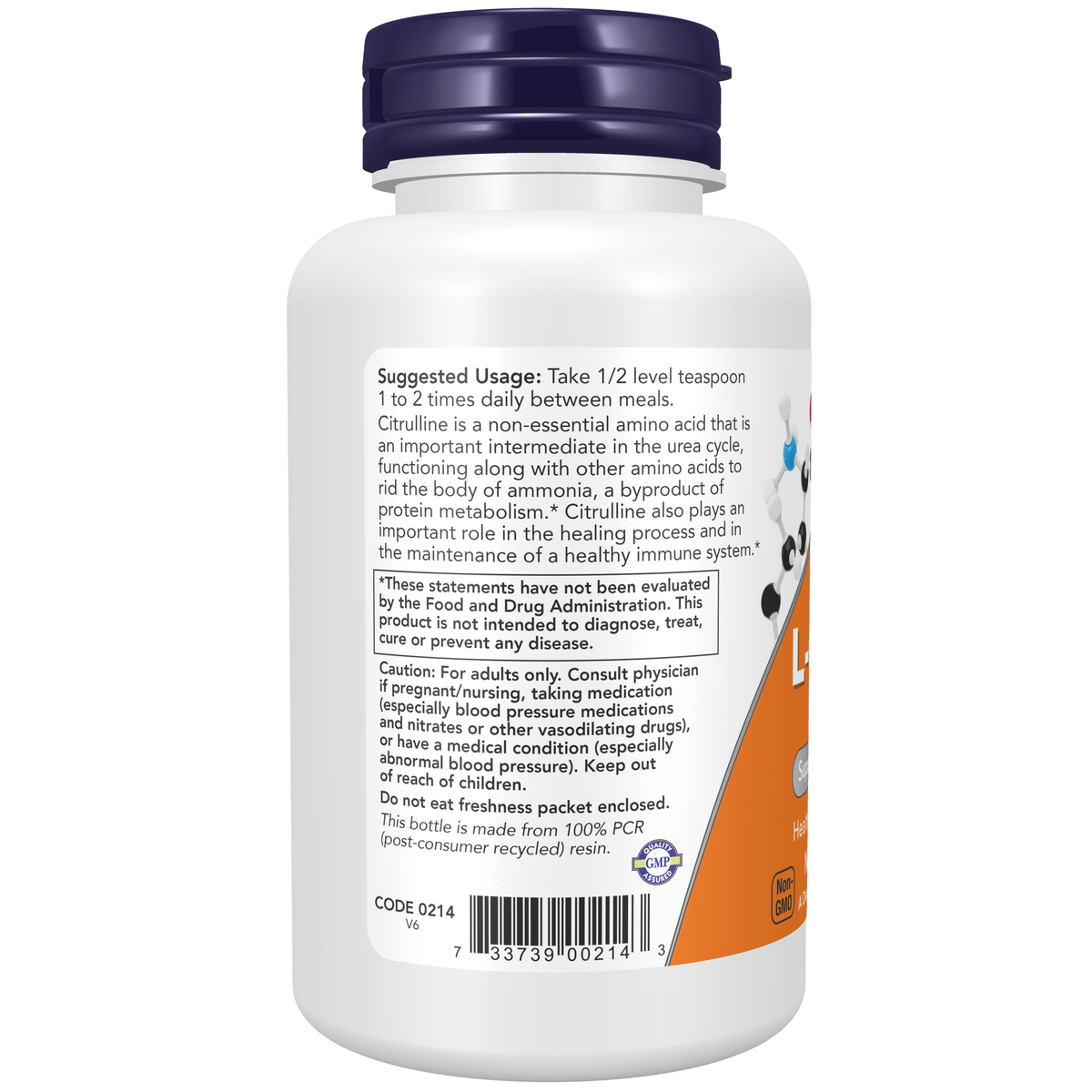 NOW Foods L-Citrulline Pure Powder - 4 oz. – Left label / Etykieta producenta