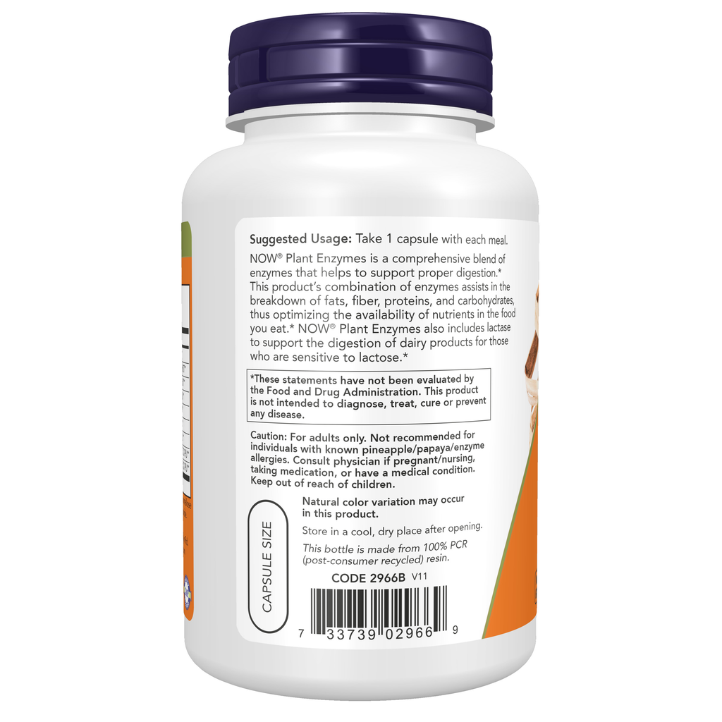 NOW Foods Plant Enzymes - 120 Veg Capsules – Left label / Etykieta producenta