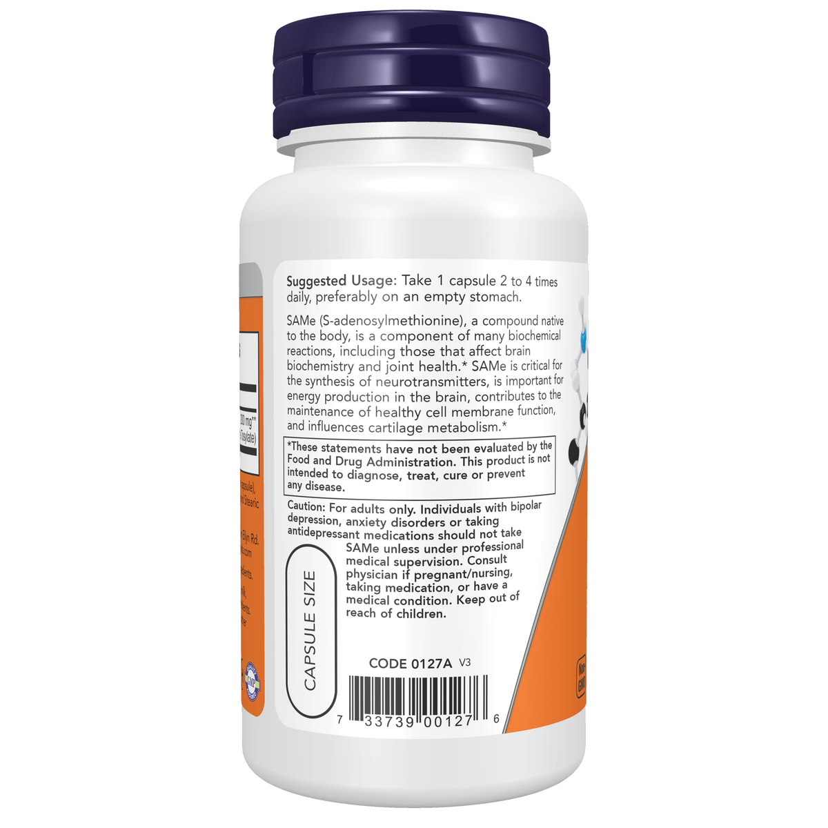 NOW Foods SAMe 200 mg - 60 Veg Capsules – Left label / Etykieta producenta