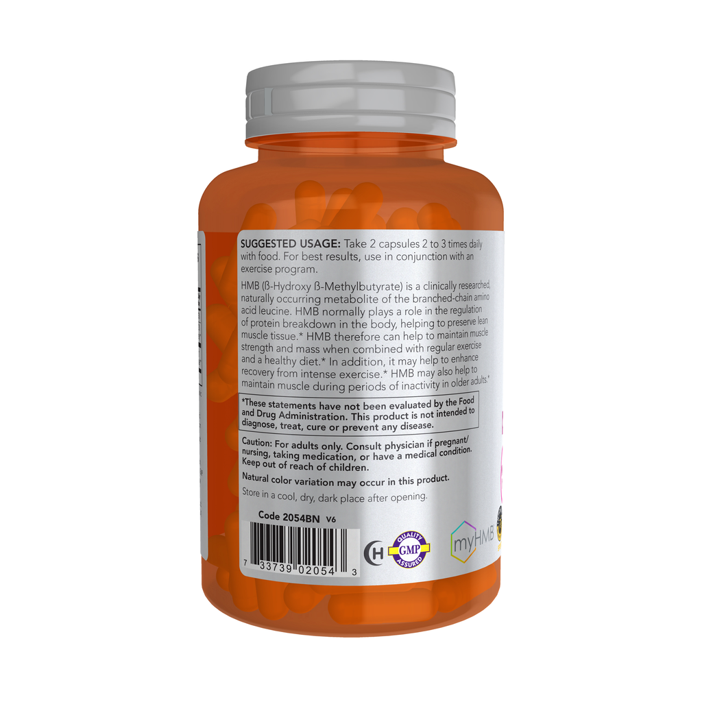 NOW Foods HMB 500 mg - 120 Veg Capsules – Left label / Etykieta producenta