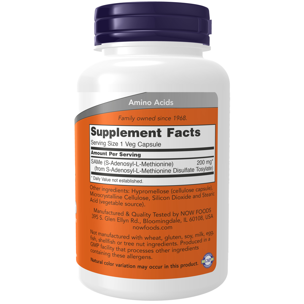 NOW Foods SAMe 200 mg - 120 Veg Capsules – Label details / Etykieta producenta