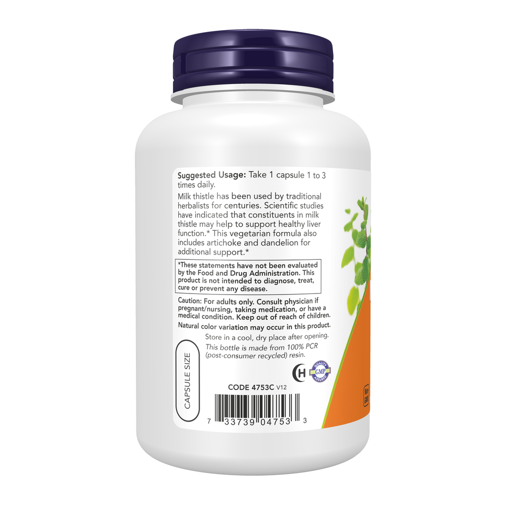 NOW Foods Milk Thistle Extract, Double Strength 300 mg - 200 Veg Capsules – Left label / Etykieta producenta