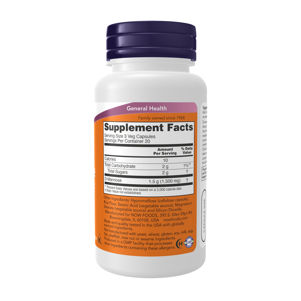 NOW Foods D-Mannose Urinary Support 500 mg - 60 Veg Capsules – Right label / Etykieta producenta