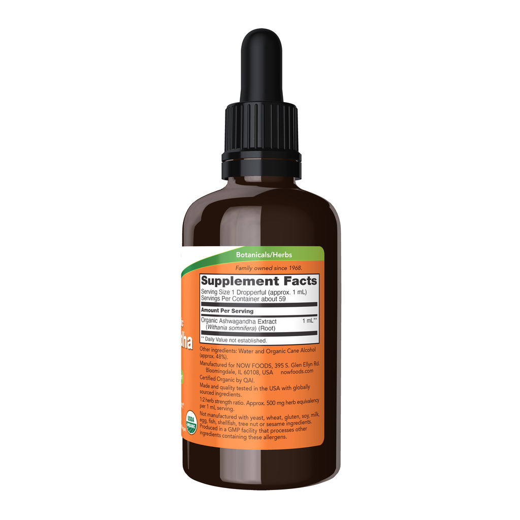 NOW Foods Ashwagandha Extract Liquid, Organic - 2 fl. oz. – Right label / Etykieta producenta