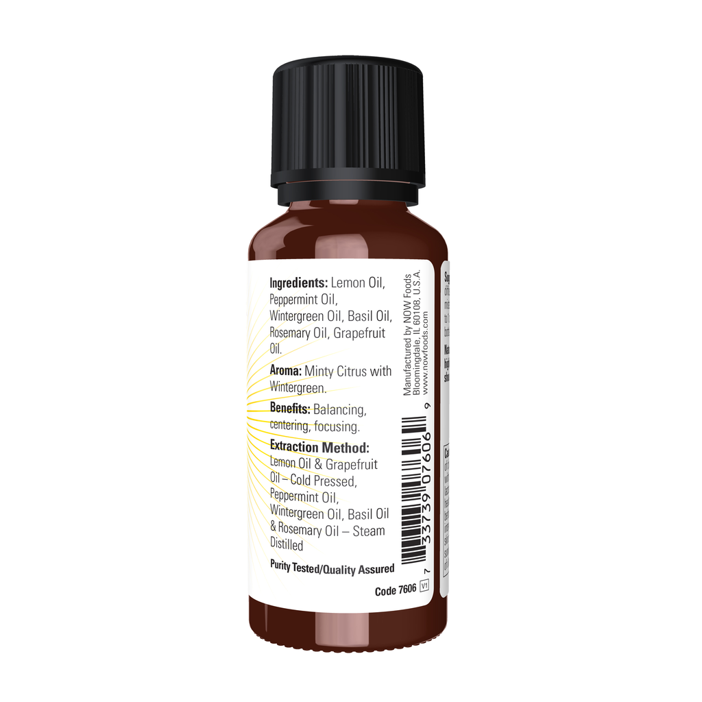 NOW Foods Mental Focus Oil Blend - 1 fl. oz. – right label / Etykieta producenta