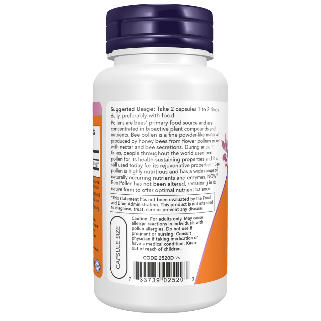 NOW Foods Bee Pollen 500 mg - 100 Capsules – Left label / Etykieta producenta