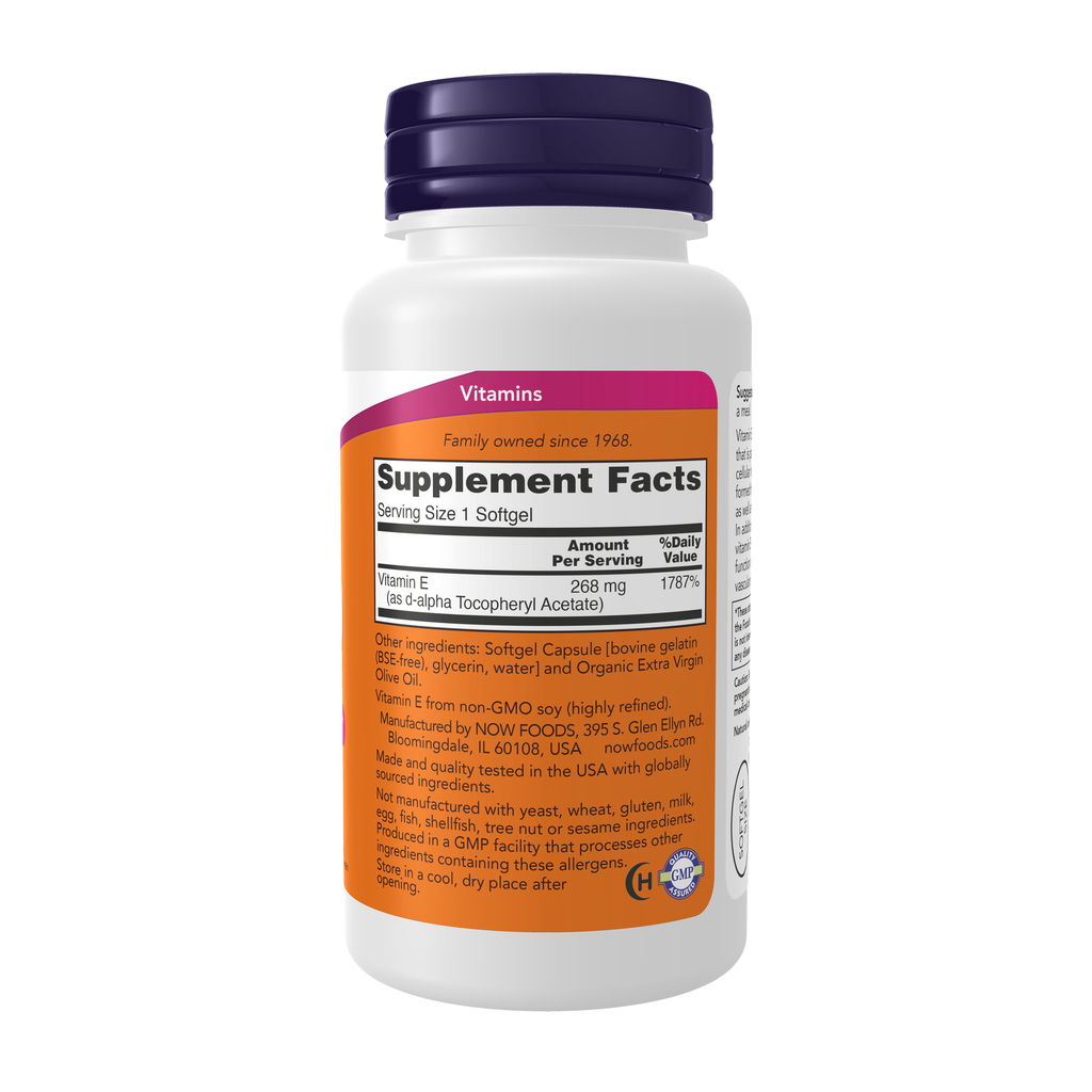 NOW Foods Vitamin E-400 D-Alpha Tocopheryl - 100 Softgels – Right label / Etykieta producenta