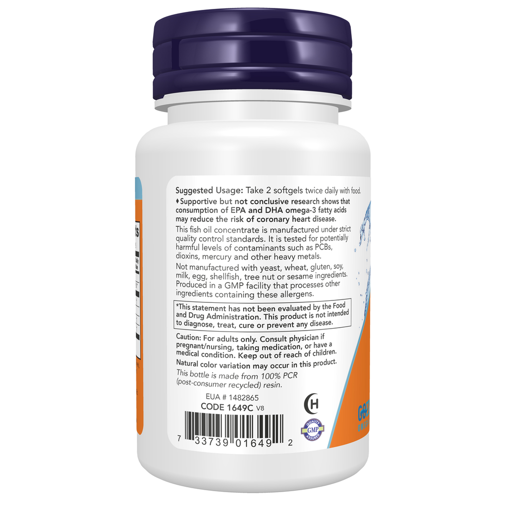NOW Foods Omega-3 Fish Oil, Molecularly Distilled - 30 Softgels – Left label / Etykieta producenta