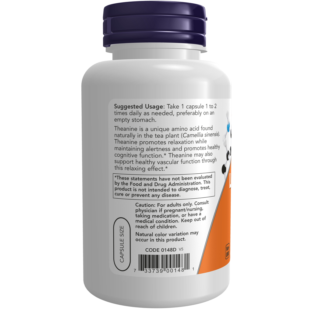 NOW Foods L-Theanine, Double Strength 200 mg - 120 Veg Capsules – Left label / Etykieta producenta