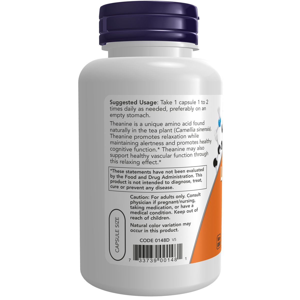 NOW Foods L-Theanine, Double Strength 200 mg - 120 Veg Capsules – Left label / Etykieta producenta