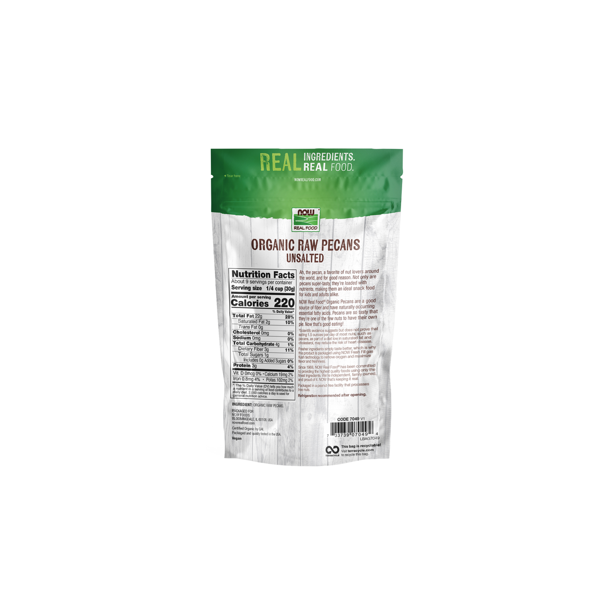 NOW Foods Pecans, Organic, Raw & Unsalted - 10 oz. – Back label / Etykieta producenta