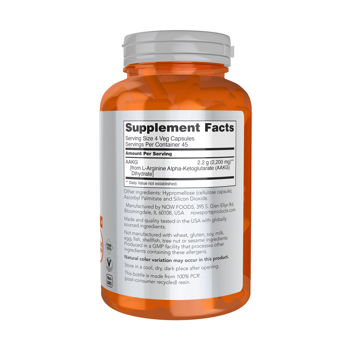 NOW Foods AAKG 2200 - 180 Veg Capsules – Right label / Etykieta producenta
