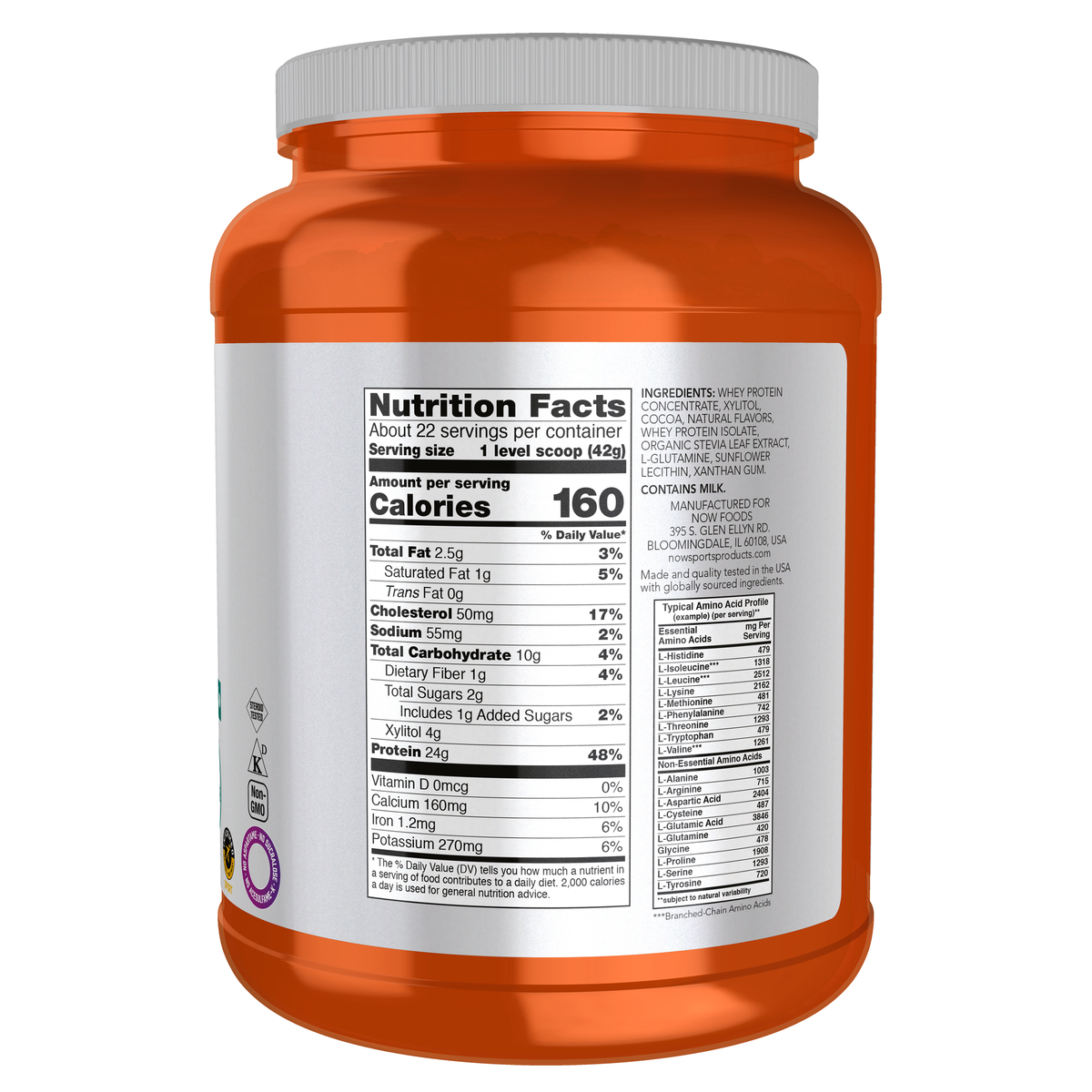 NOW Foods Whey Protein, Creamy Chocolate Powder - 2 lbs. – Right label / Etykieta producenta