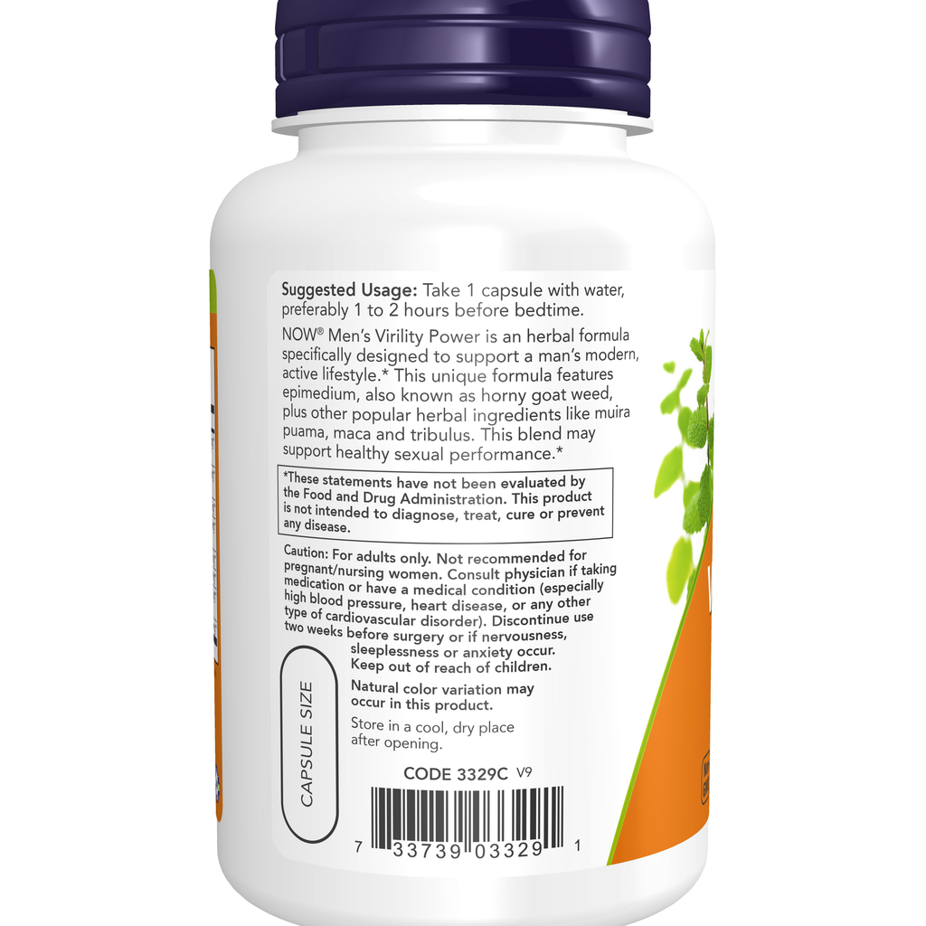NOW Foods Men's Virility Power - 120 Veg Capsules – Left label / Etykieta producenta