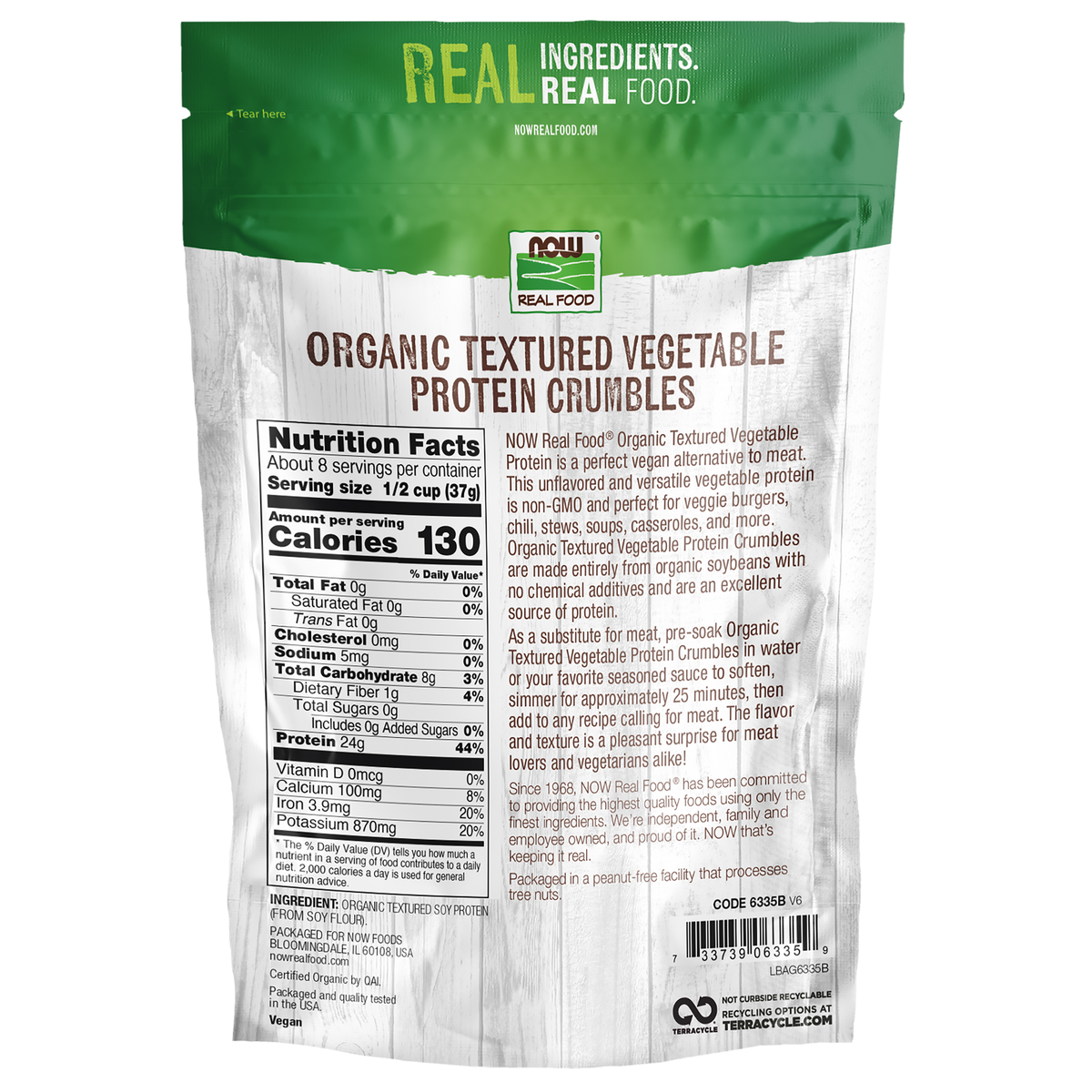 NOW Foods Textured Vegetable Protein Crumbles, Organic - 8 oz. – back label / Etykieta producenta