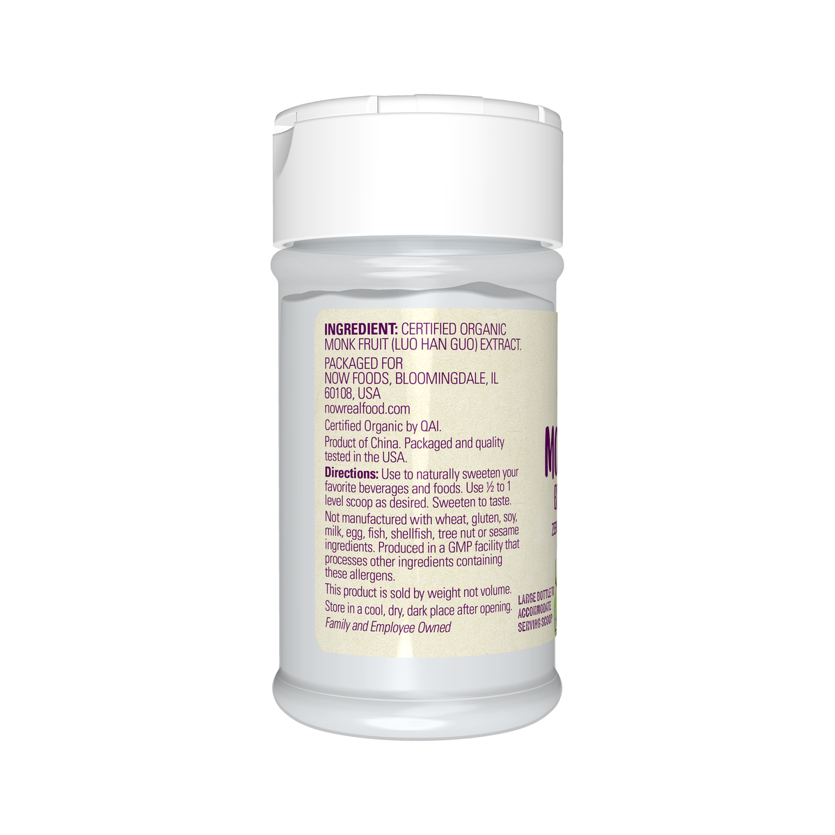 NOW Foods Monk Fruit Extract, Organic Powder - 0.7 oz. – Left label / Etykieta producenta