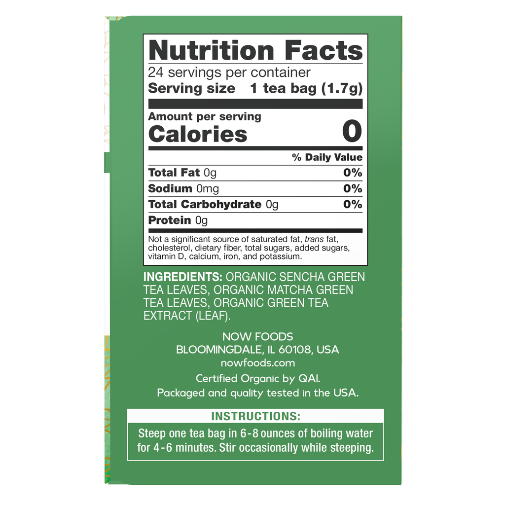 NOW Foods Green Kick™ Tea, Organic - 24 Tea Bags – Label details / Etykieta producenta