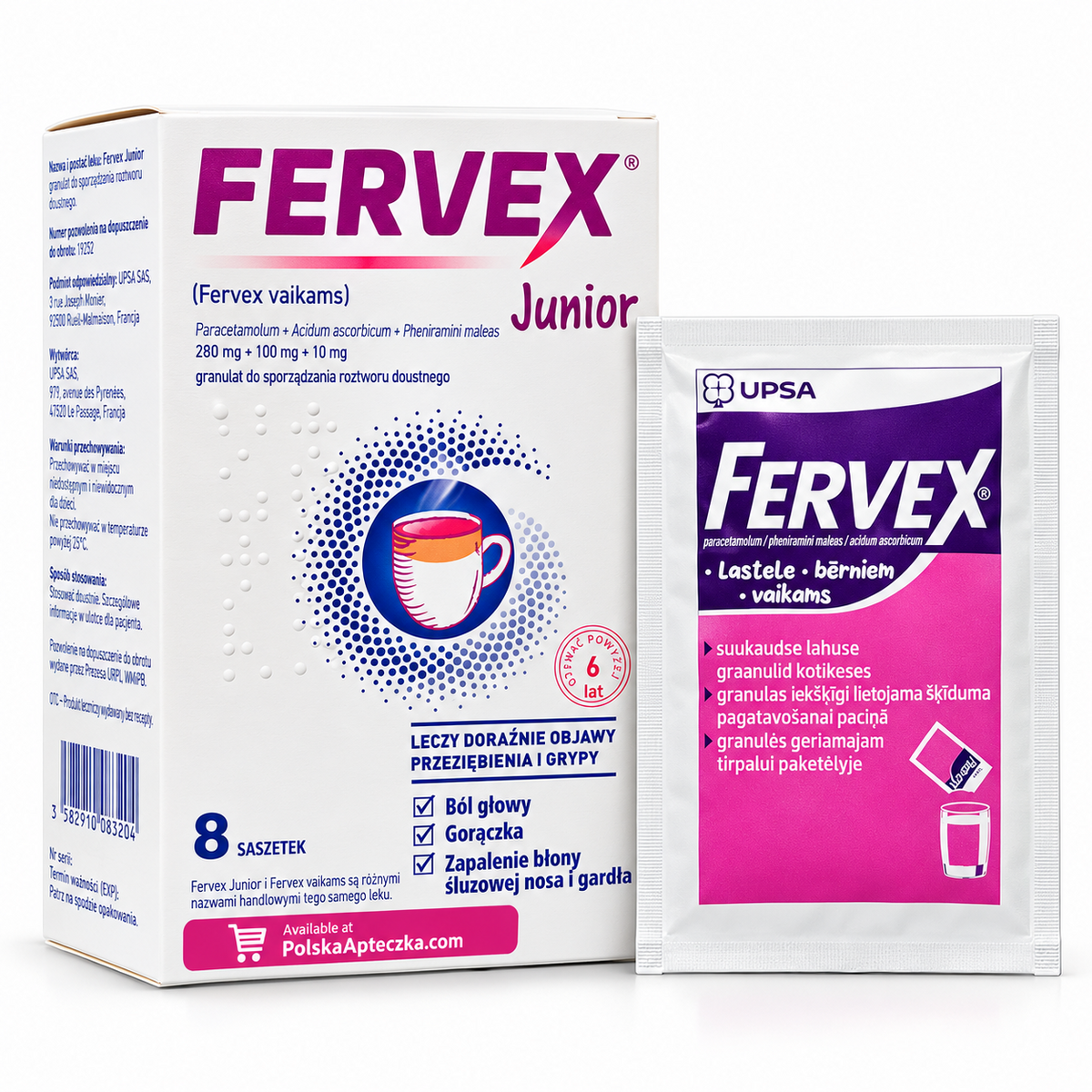 UPSA Fervex Junior 8 sachets – carton and sachet / Fervex Junior 8 saszetek