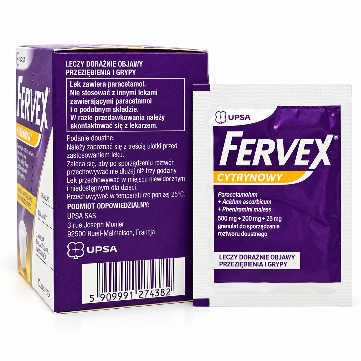 Fervex lemon 12 sachets back label with warnings and barcode 5909991274382
