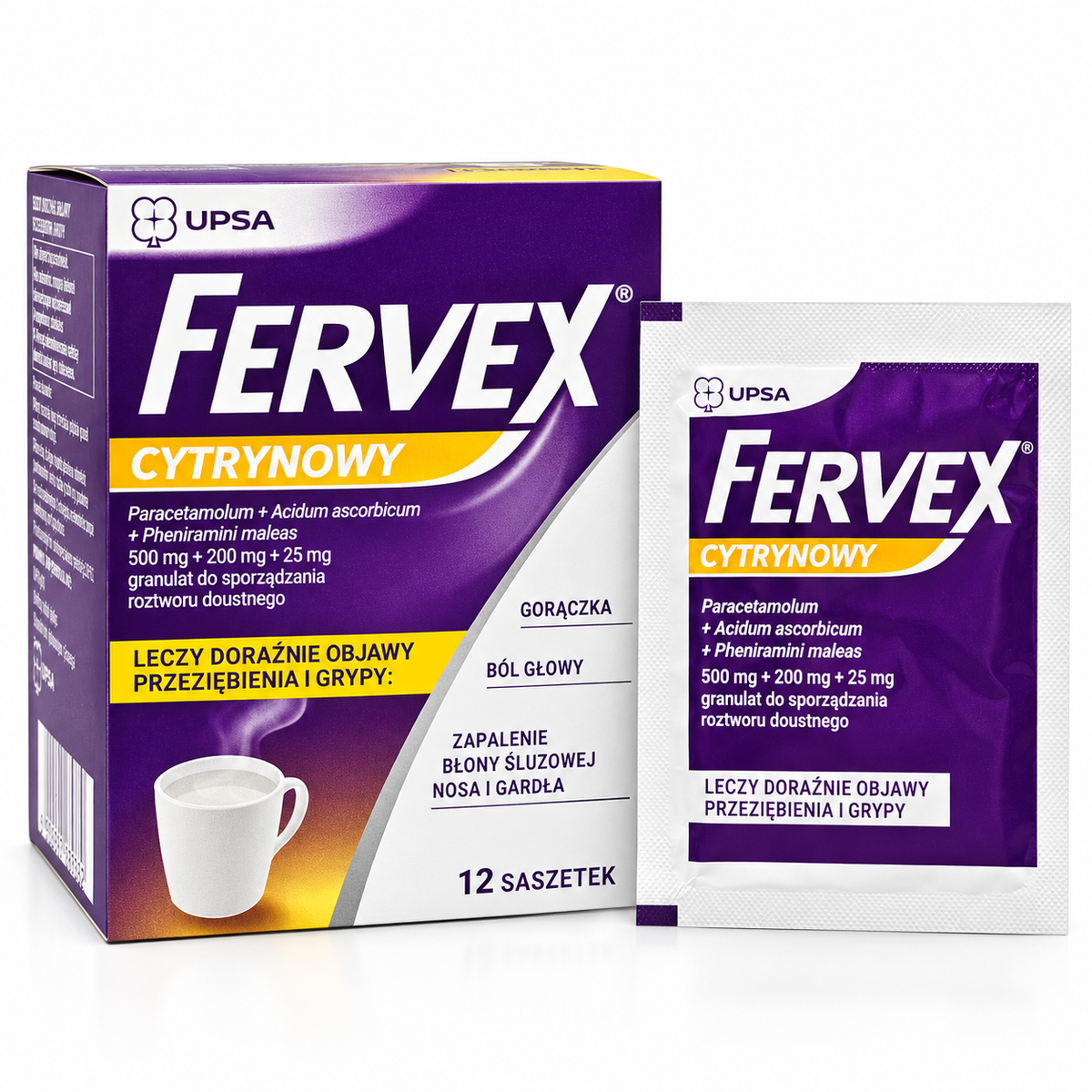 Fervex Cytrynowy lemon flavor 12 sachets carton and sachet on a white background