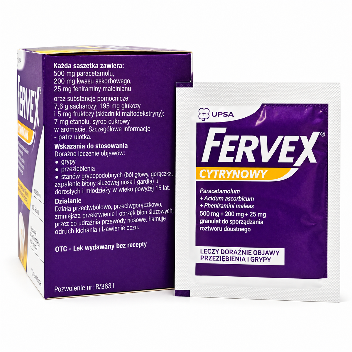 Fervex lemon 12 sachets ingredients and information panel with individual sachet