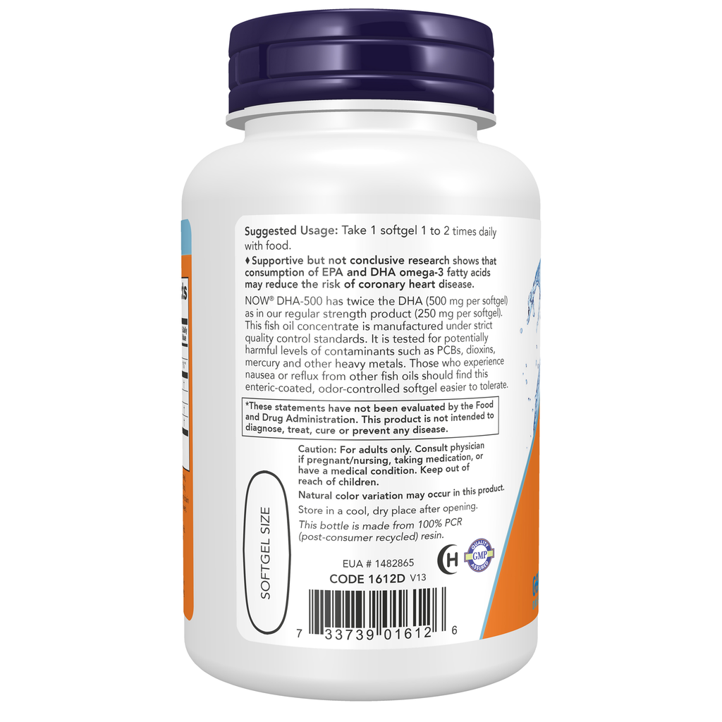 NOW Foods DHA-500 Fish Oil, Double Strength - 90 Softgels – Left label / Etykieta producenta