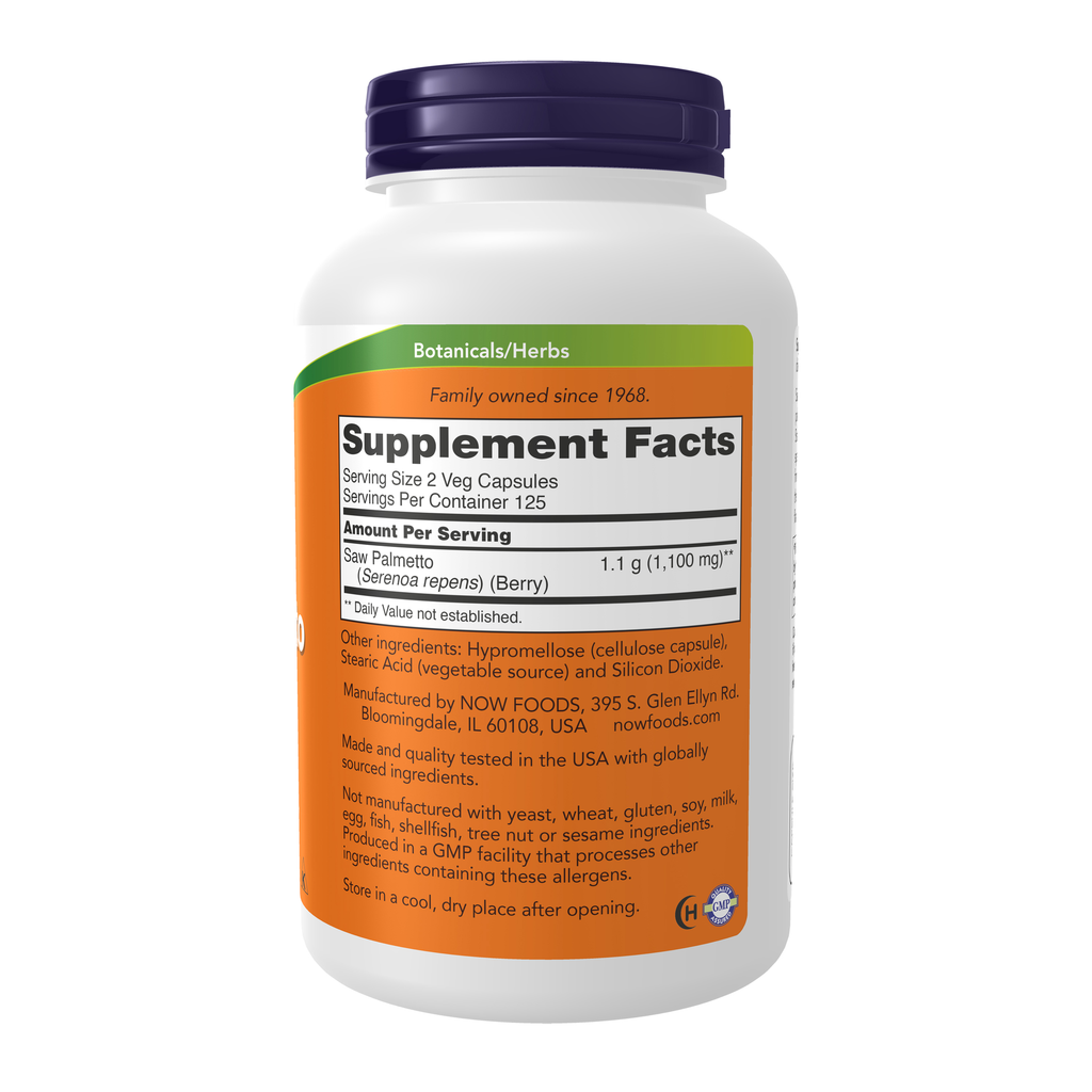 NOW Foods Saw Palmetto Berries 550 mg - 250 Veg Capsules – Right label / Etykieta producenta
