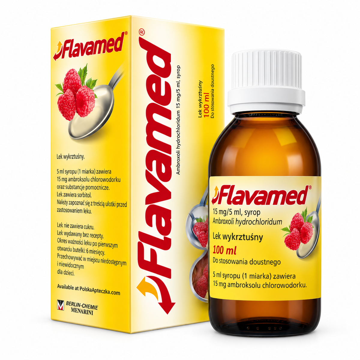 Flavamed ambroxol 15 mg/5 ml raspberry syrup, 100 ml bottle and carton