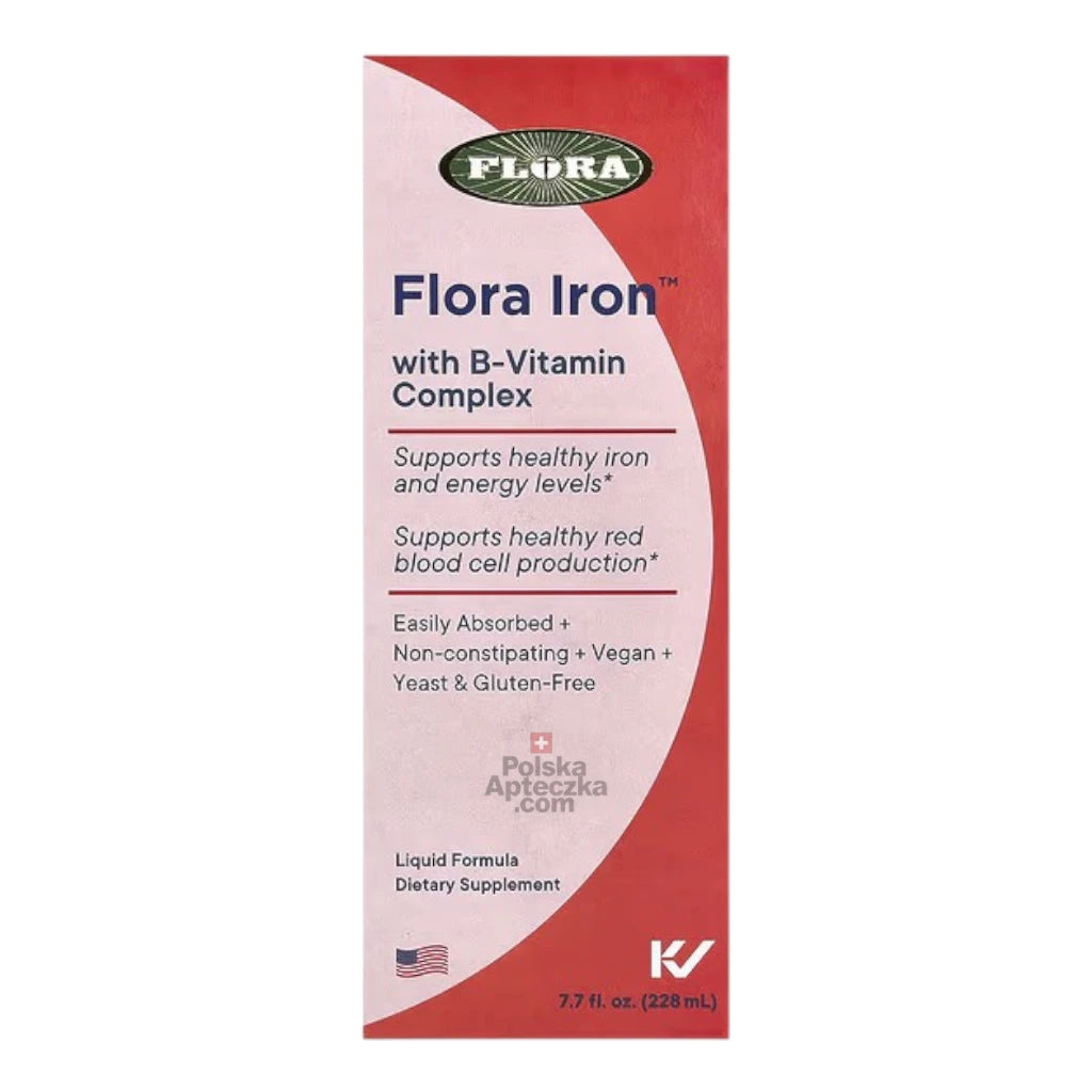 Flora Iron with B-Vitamin Complex – Vegan-friendly liquid iron supplement for energy and red blood cell support, 228ml bottle