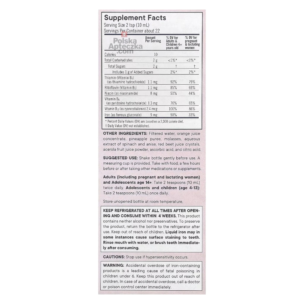 Flora Iron with B-Vitamin Complex – Vegan-friendly liquid iron supplement for energy and red blood cell support, 228ml bottle