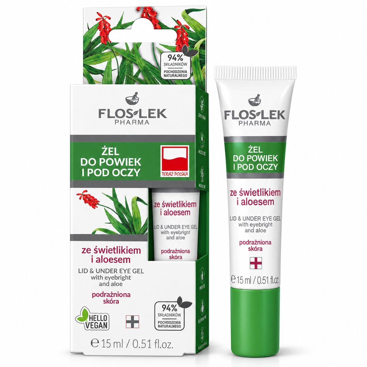 Floslek Eyebright & Aloe Vera Eyelid & Under-Eye Gel, 15 ml — żel do pielęgnacji okolic oczu, 15 ml