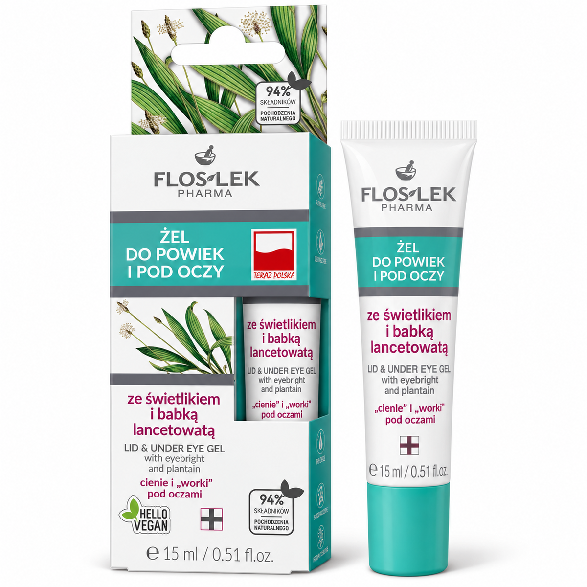 Floslek Eyebright & Ribwort Plantain Eyelid & Under-Eye Gel, 15 ml — żel do pielęgnacji okolic oczu, 15 ml