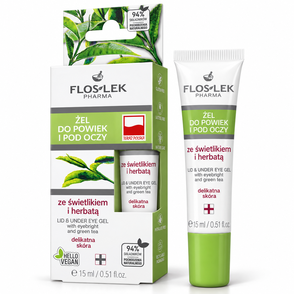 Floslek Eyebright & Tea Eyelid & Under-Eye Gel, 15 ml — żel do pielęgnacji okolic oczu, 15 ml