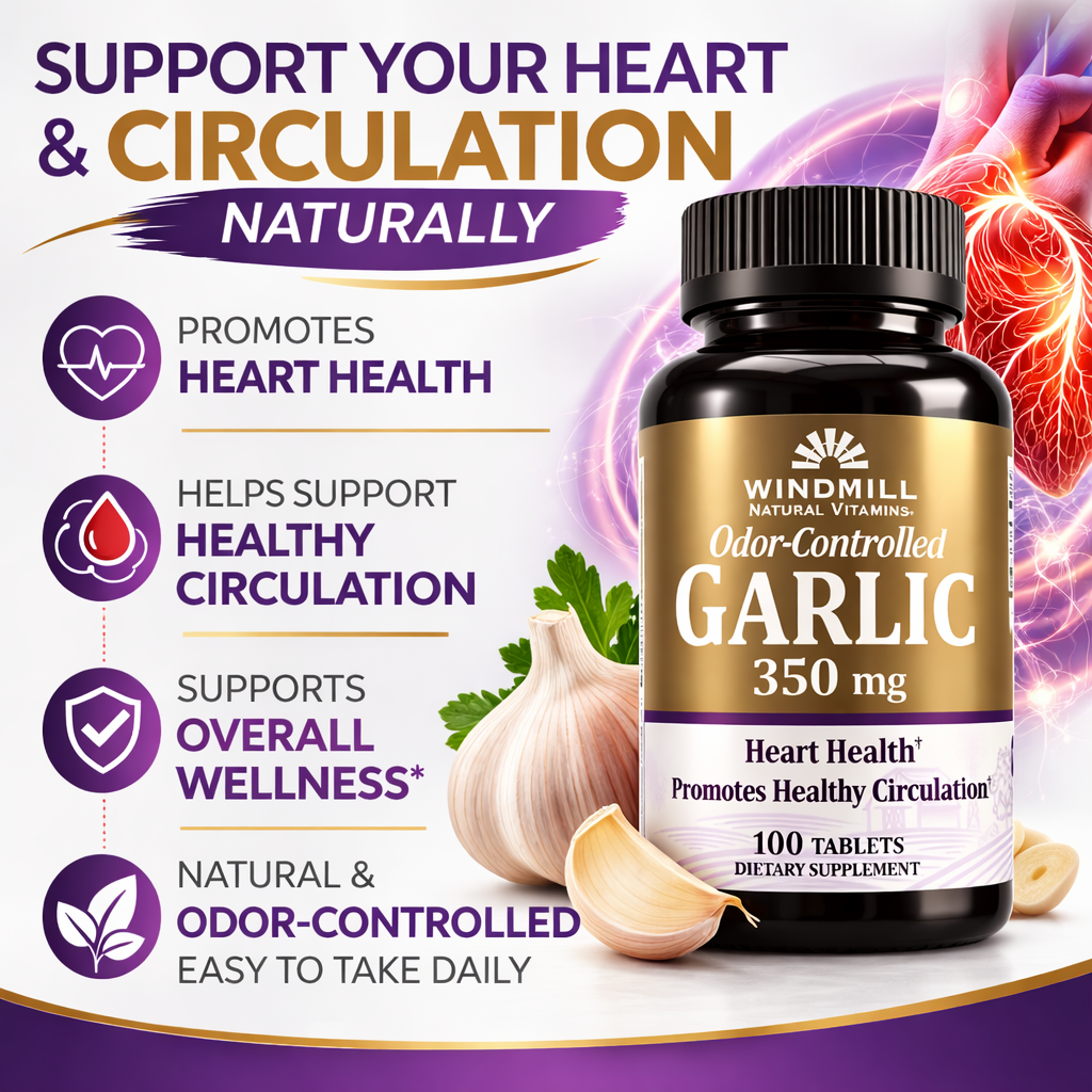 Garlic 350mg Odor-Controlled Heart & Circulation Support Tablets 100 Count benefits