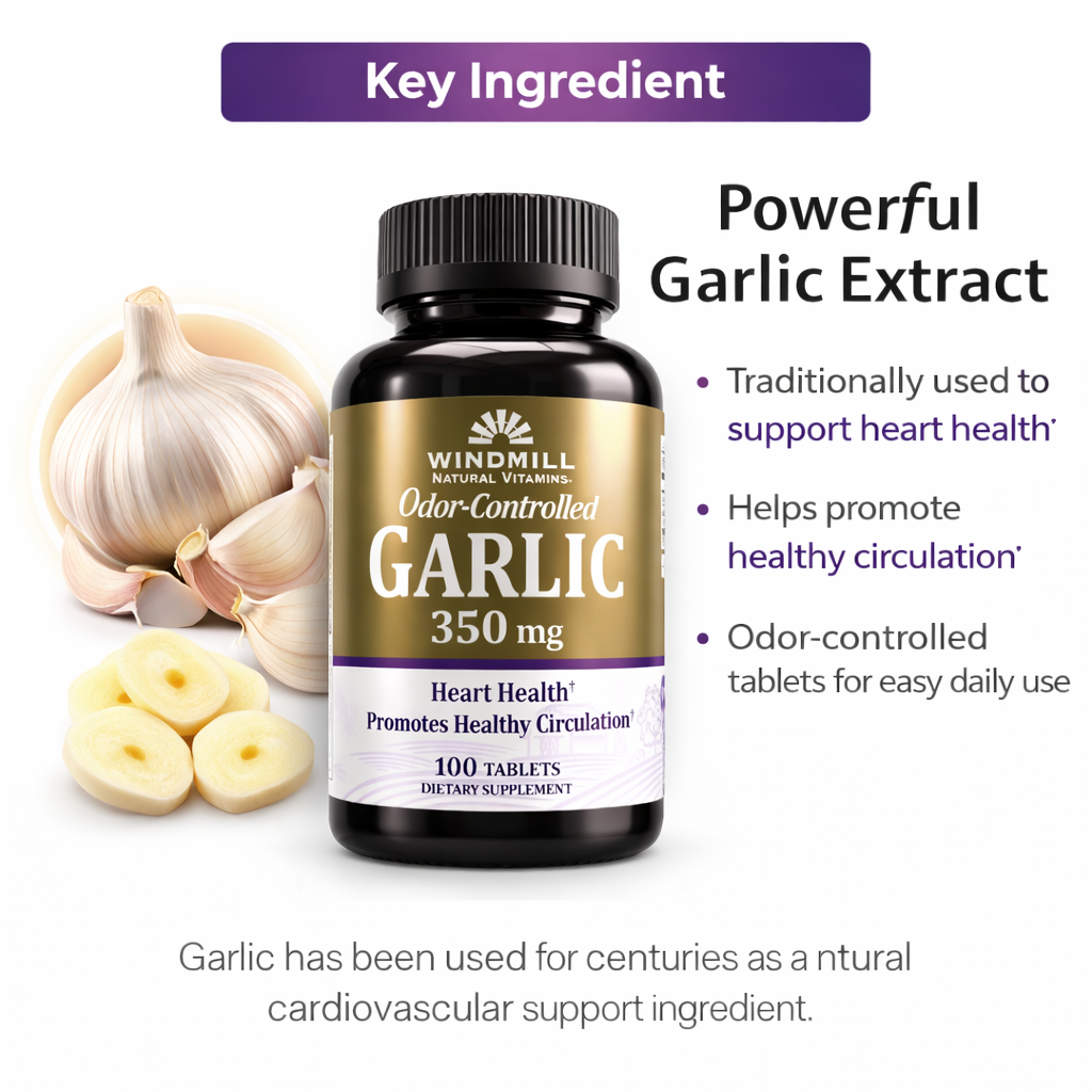 Garlic 350mg Odor-Controlled Heart & Circulation Support Tablets 100 Count Ingredients