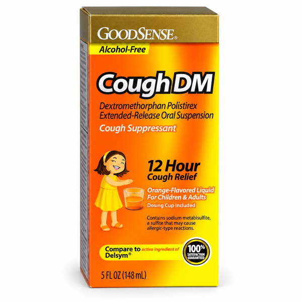 GoodSense Cough DM 12 Hour extended-release orange cough suppressant for children and adults, 5 fl oz (148 mL)