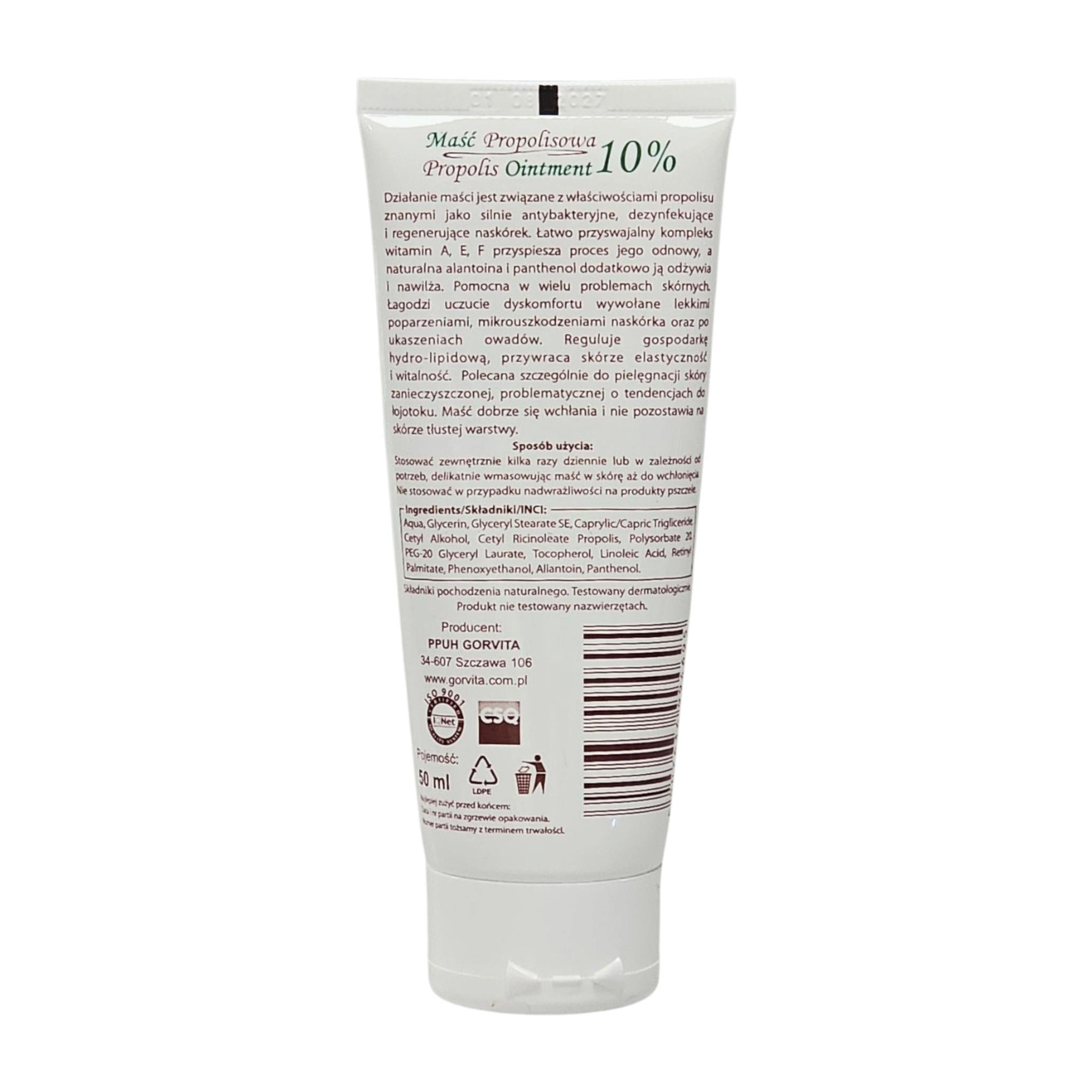 Gorvita Propolis Ointment – Back Label Ingredients and Instructions