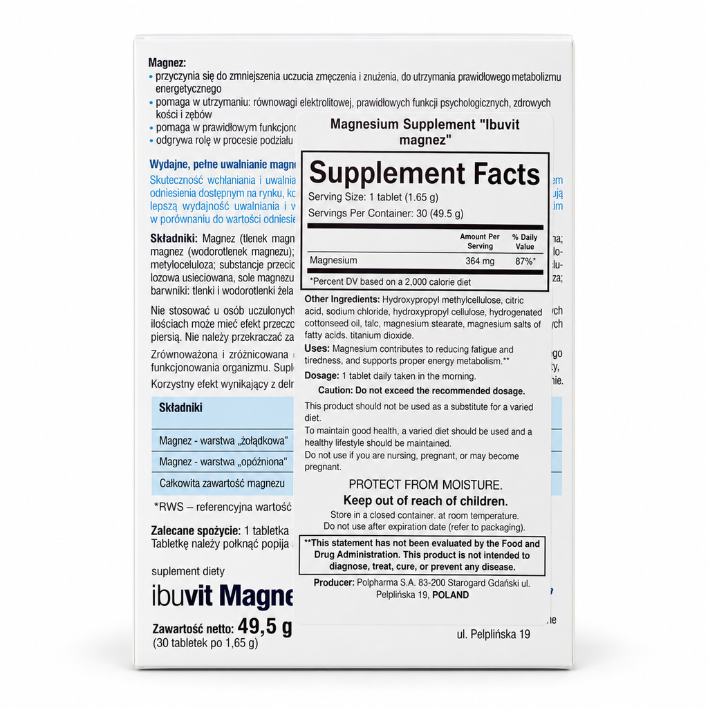 Ibuvit Magnesium 364 mg, rear carton with Supplement Facts, directions and warnings