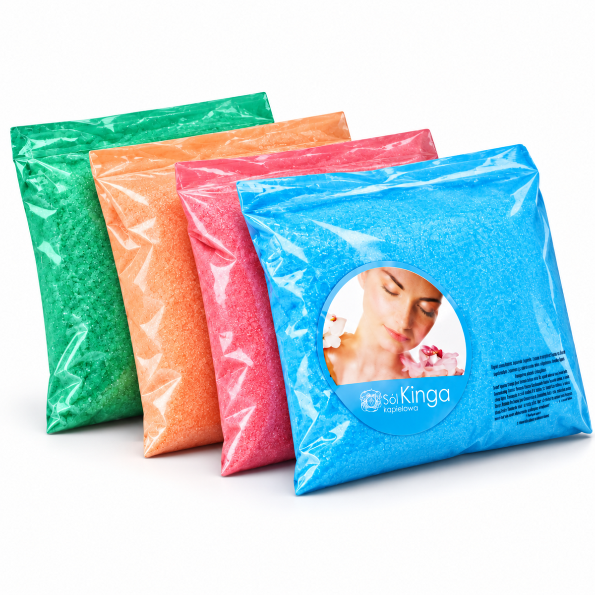 Kinga bath salt set: one green, one orange, one pink and one blue pouch, 4 × 250 g | Sól kąpielowa Kinga: zielona, pomarańczowa, różowa i niebieska, 4 × 250 g